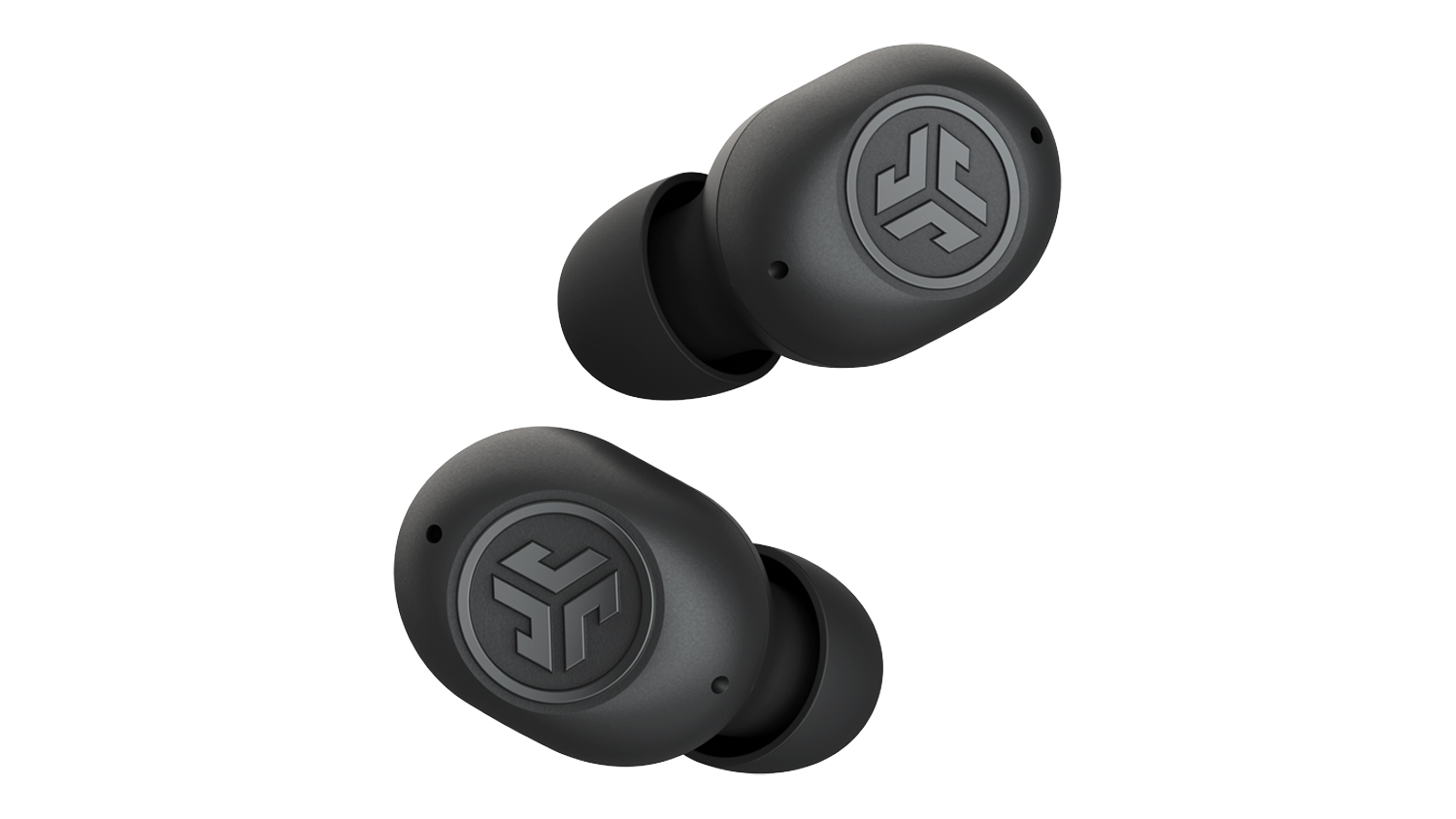 A pair of black JLab JBuds Mini earbuds with silicone tips