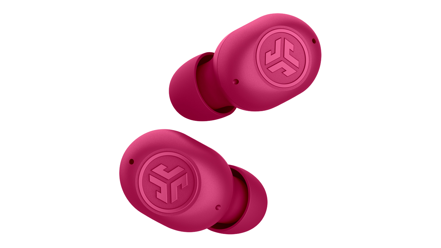 A pair of JLab JBuds Mini wireless earbuds with silicone tips and an embossed logo