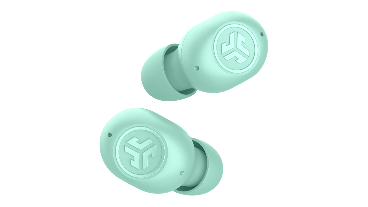 A pair of JLab JBuds Mini wireless earbuds with silicone tips and an embossed logo