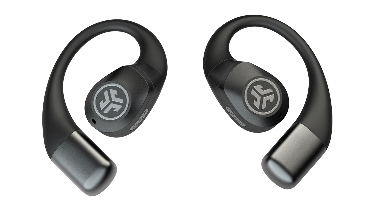 A pair of JLab JBuds headphones with secure-fit ear hooks