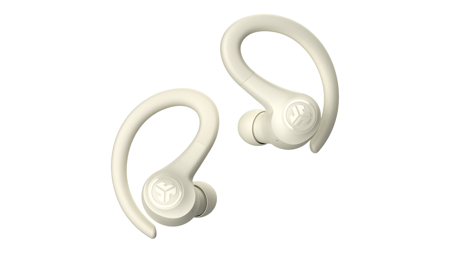 A pair of cream wireless earbuds with ergonomic earhooks