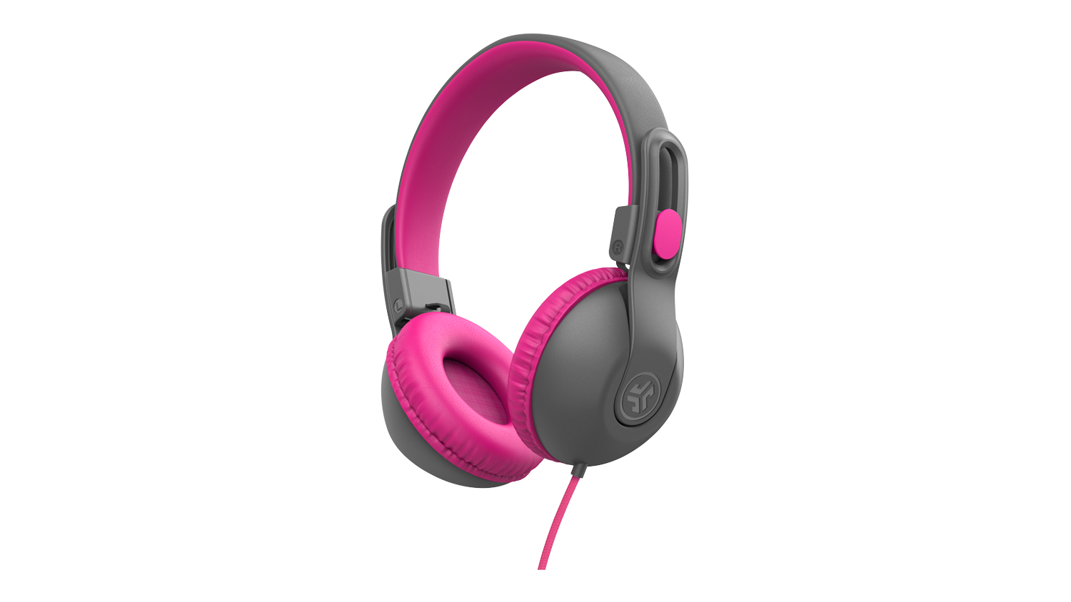 A JLab JBuddies Studio 2 Wired Over-Ear Headphones in sleek grey-pink colour