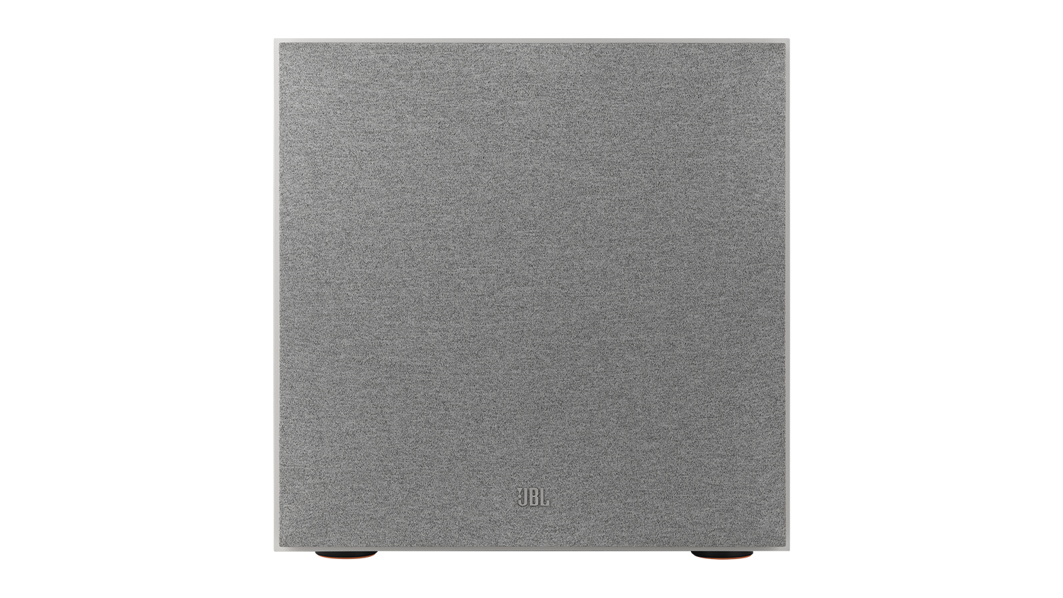 Front-on view of the JBL Stage 2 220P Subwoofer, fully covered by its square, light grey fabric grille
