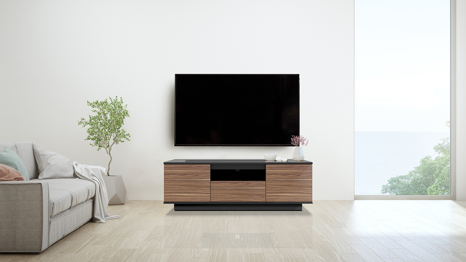 AVS 1.5m Cabo TV/AV Entertainment Centre Cabinet - Black/Bavarian Walnut/Glass Top (CABO1500BBWG)