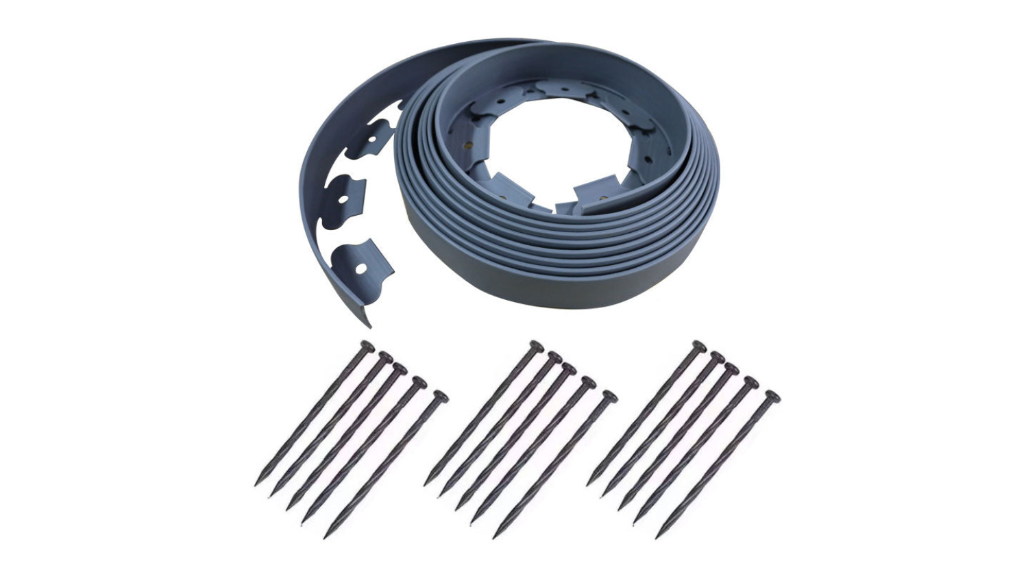 Rolled plastic landscape edging with pre-cut holes, shown with three sets of long metal spikes