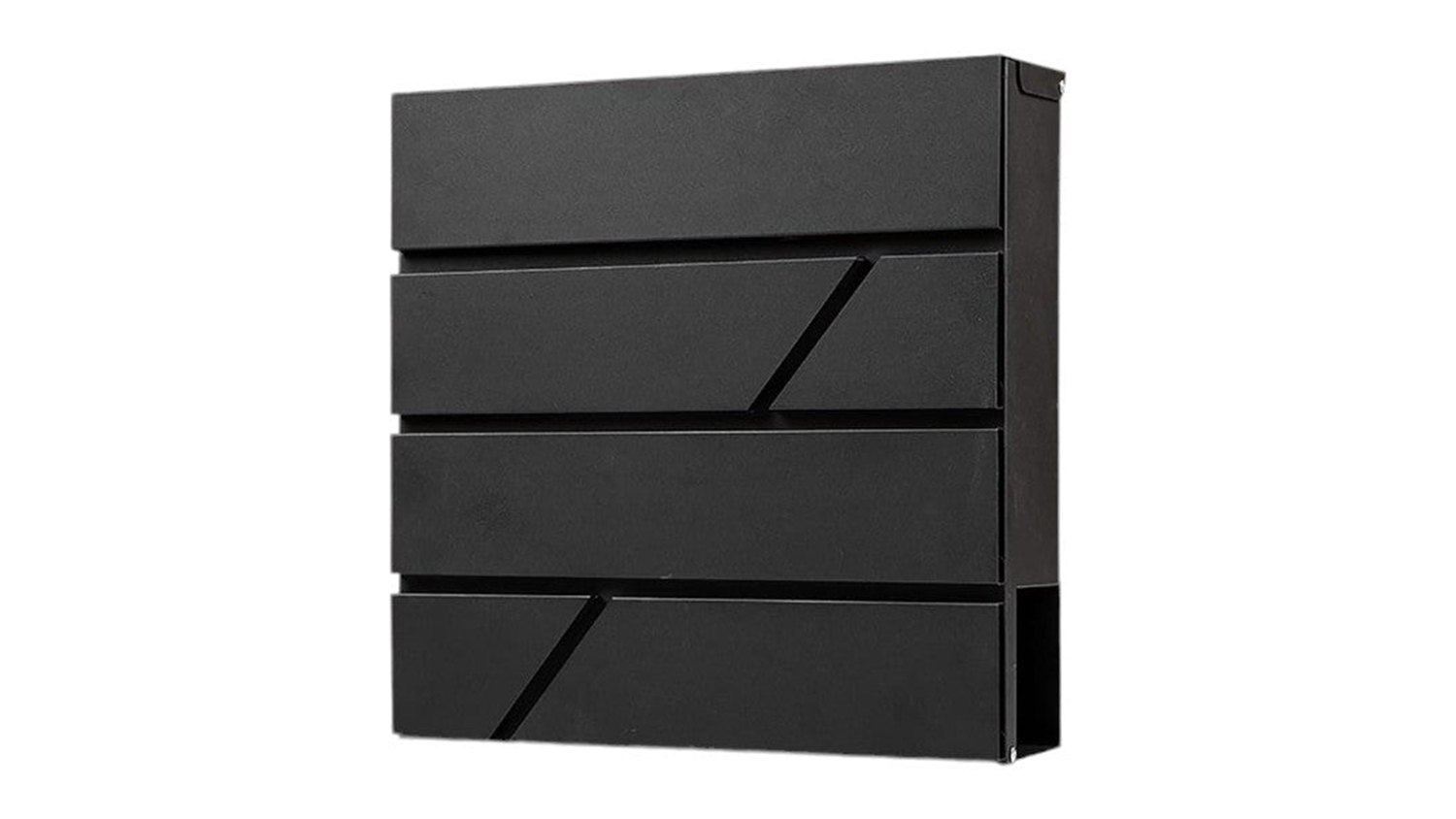 A sleek wall-mounted mailbox with diagonal slits across three horizontal panels