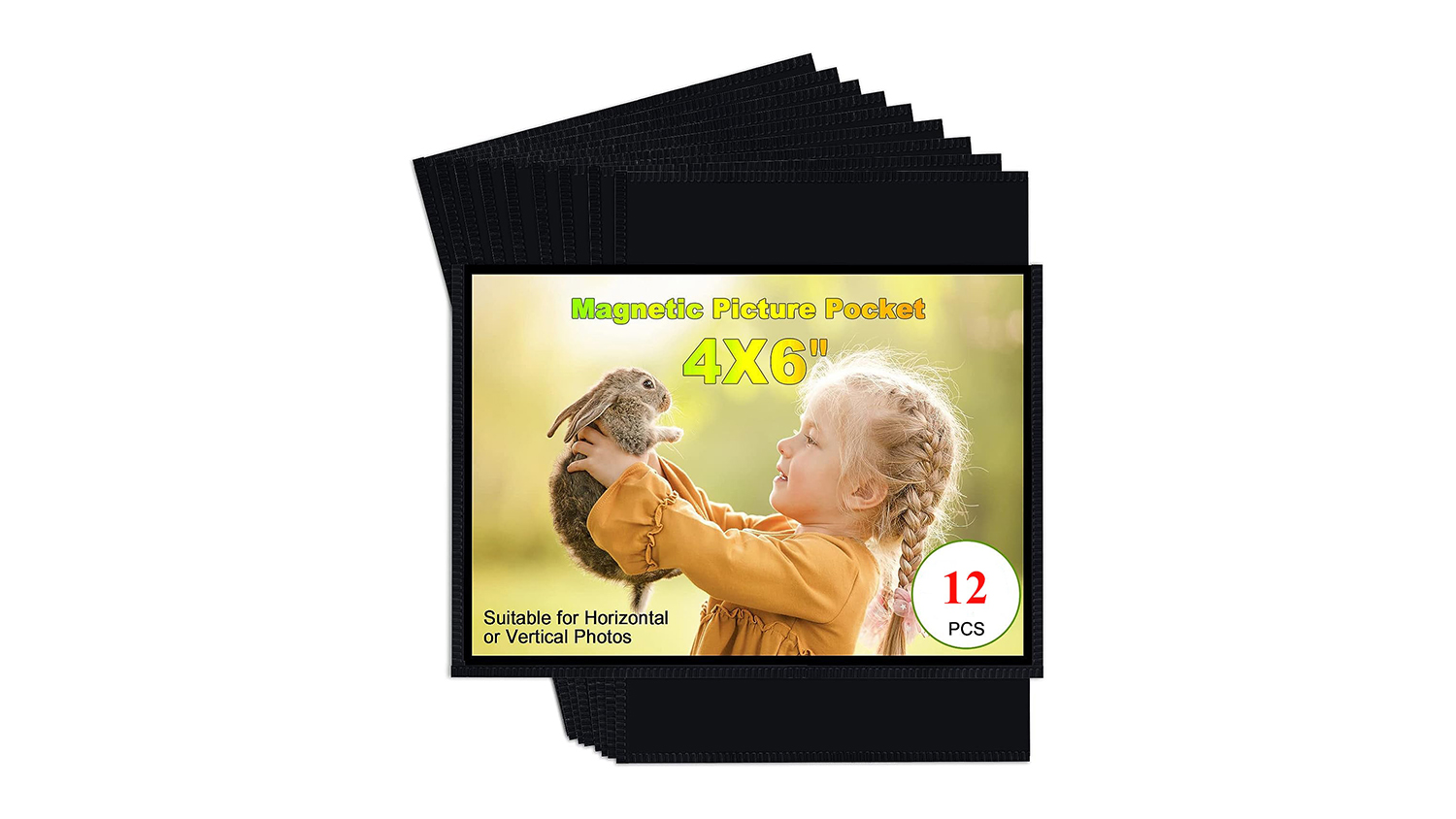 A product package labelled “Magnetic Picture Pocket” for 4 x 6 inch photos, includes 12 pieces