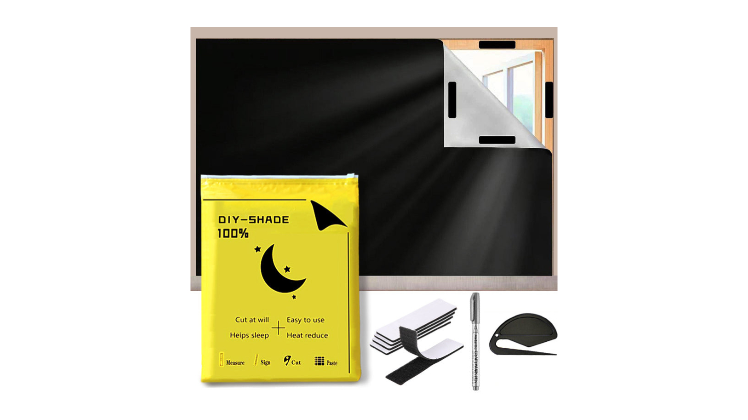 Portable blackout curtain kit with black fabric, cutting tools, Velcro strips, marking pen, and portable travel bag