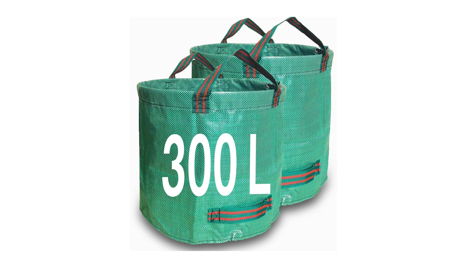 Two green heavy-duty garden waste sacks with handles, labelled 300 litres capacity