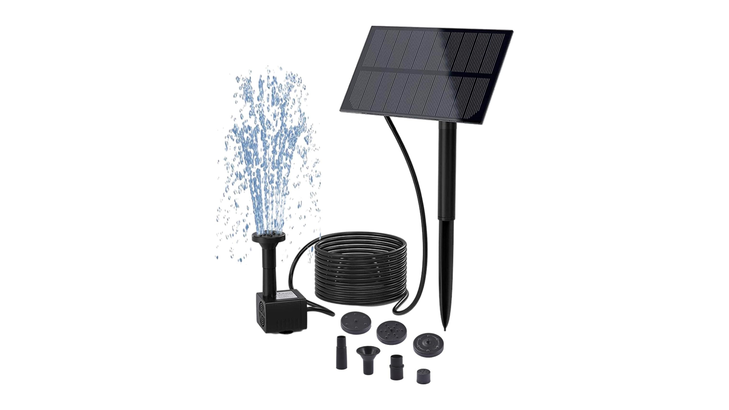 A complete solar fountain kit with panel, pump, long cable, and multiple spray nozzles