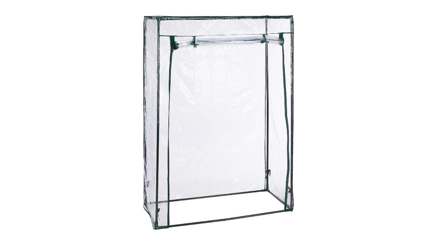 An empty PVC greenhouse with a green frame and a roll-up door