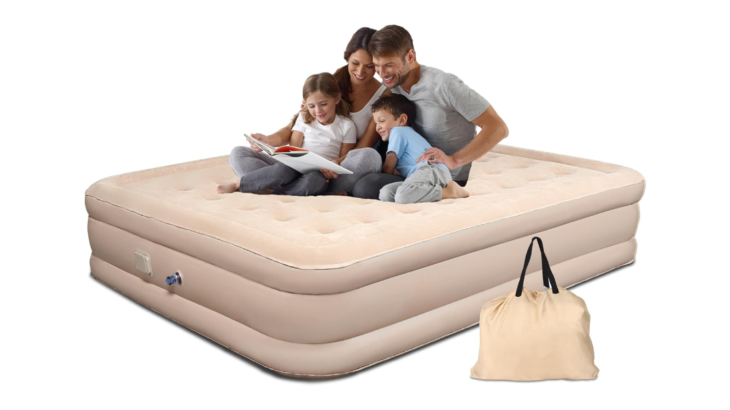 A family of four sitting on the inflatable air bed