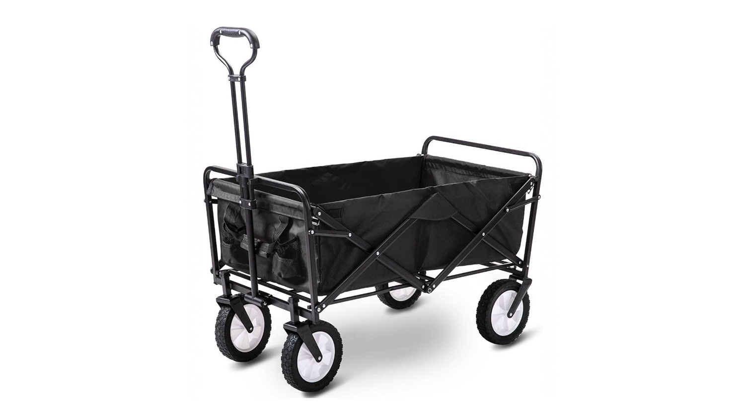 Front view of the fully assembled black folding outdoor utility wagon