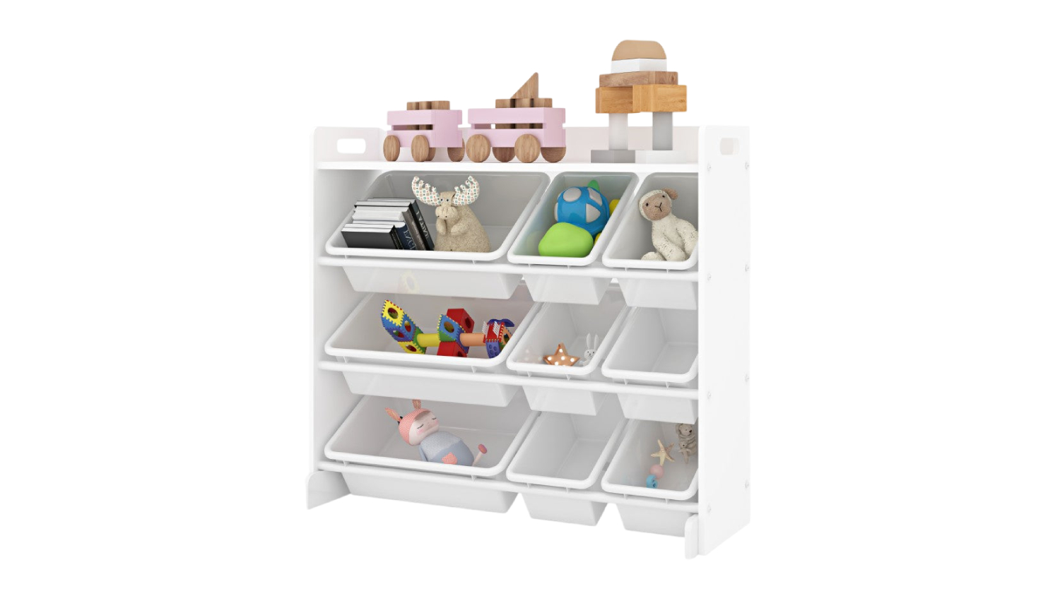 White toy organiser with multiple bins
