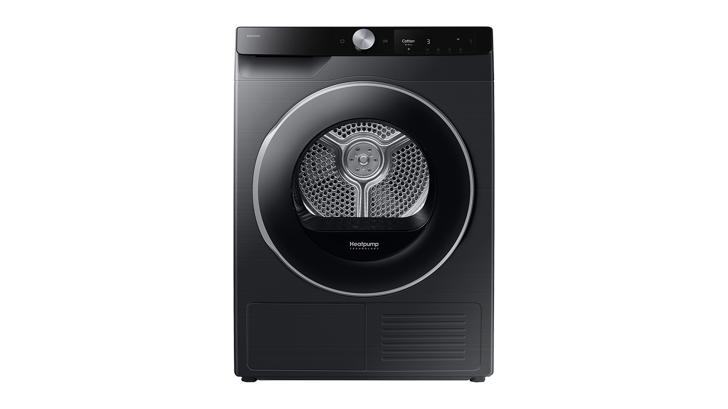 Straight front view of the black heat pump dryer with the door closed