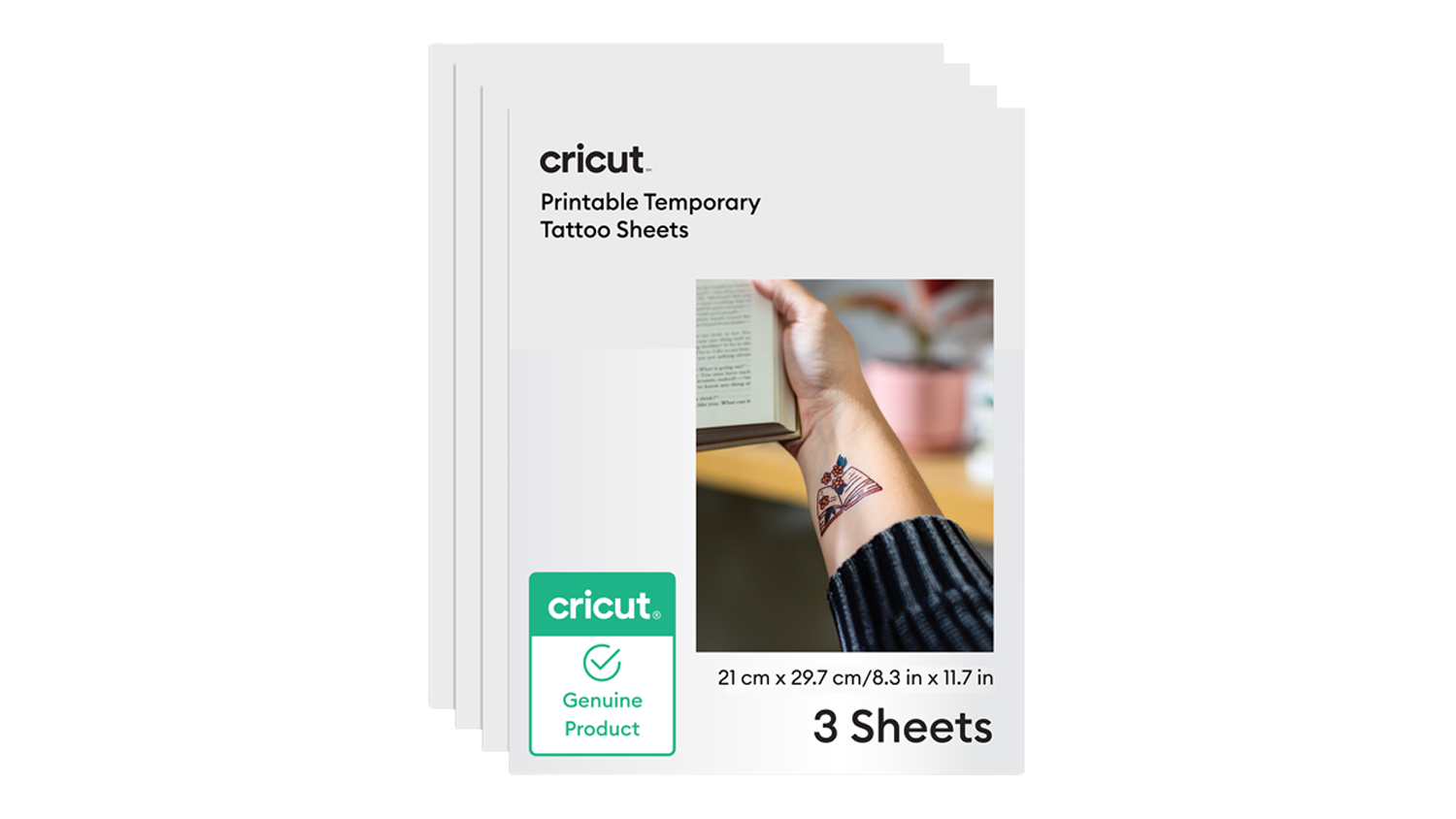 Three packs of Cricut Printable Temporary Tattoo Sheets showing size and a sample tattoo