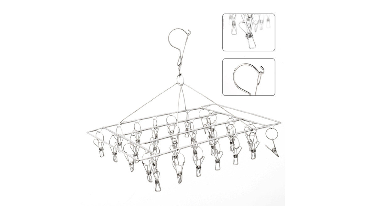 Stainless steel clothes drying rack with 20 hanging clips and a hook