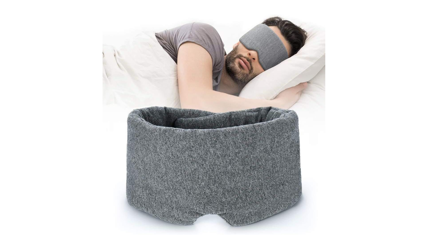 A side-by-side angle of a grey sleep mask and a person using it while sleeping