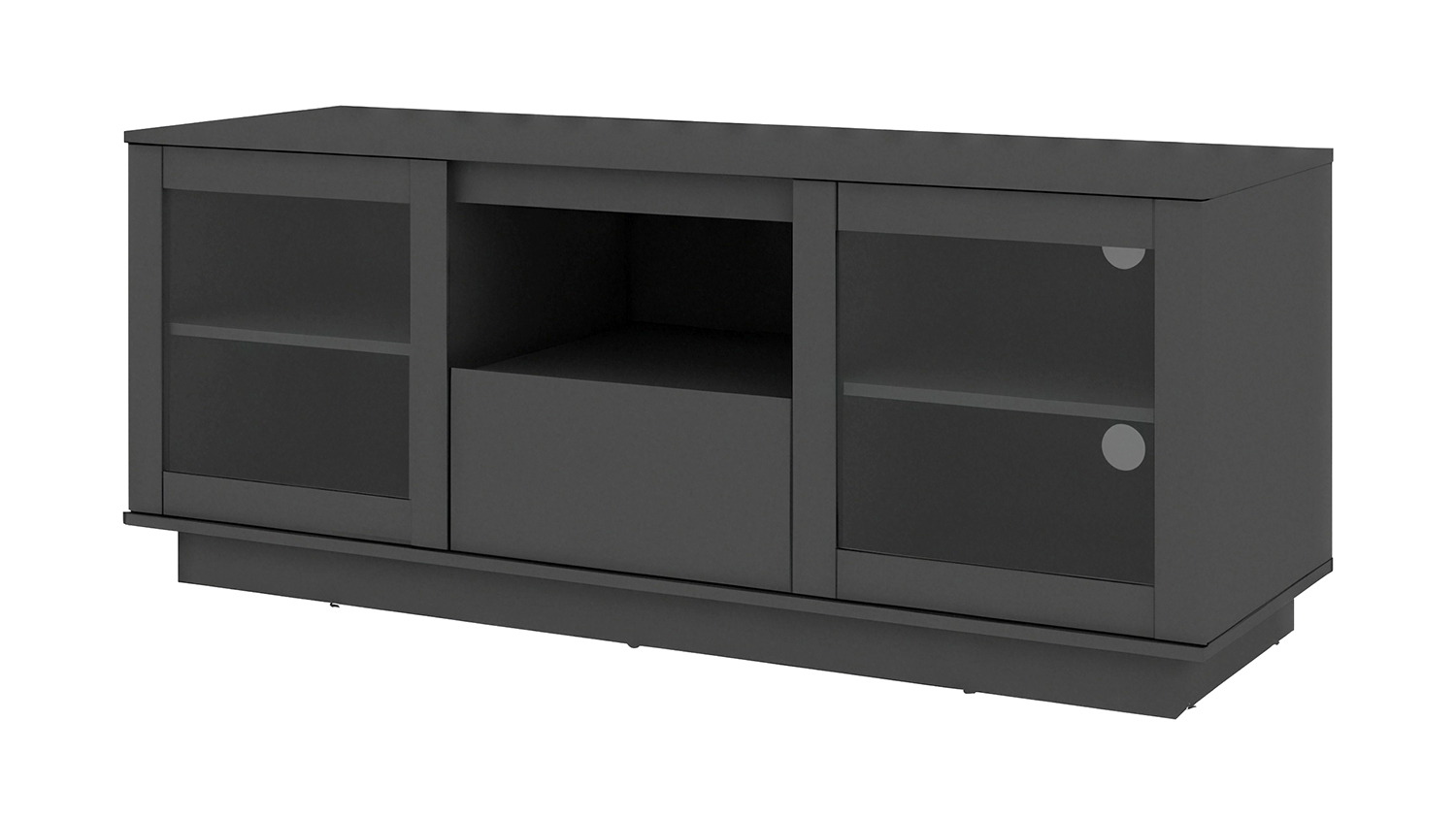 A black AVS TV/AV Entertainment Centre Cabinet with a central drawer and two glass-door cabinets