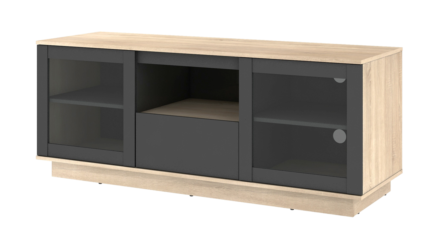 AVS Entertainment Centre Cabinet in black and oak finish, with a central drawer and two glass-door cabinets