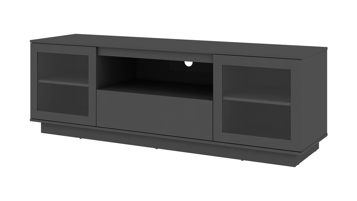 A black AVS TV/AV Entertainment Centre Cabinet with a central drawer and two glass-door cabinets