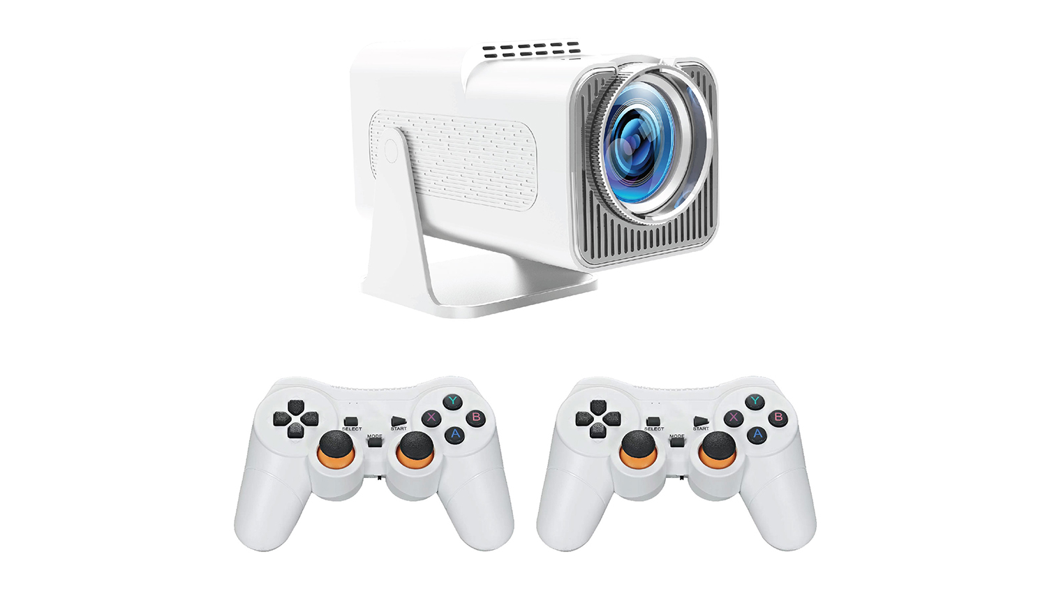 A close-up view of the white projector above two matching white game controllers with orange thumbsticks