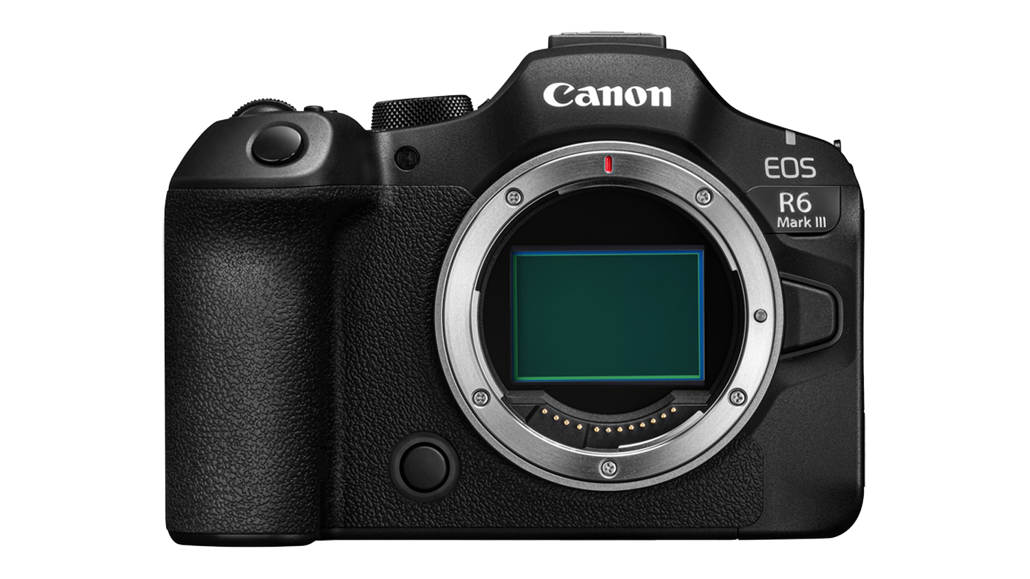 Front view of the black Canon EOS R6 Mark III mirrorless camera body