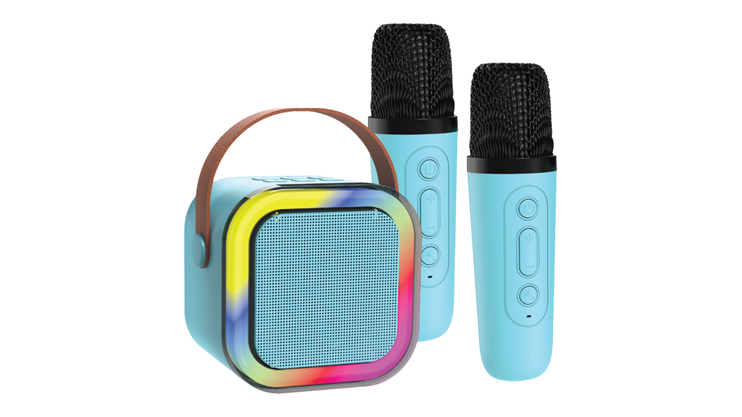Angled view of the compact karaoke speaker with a handle and two light blue microphones