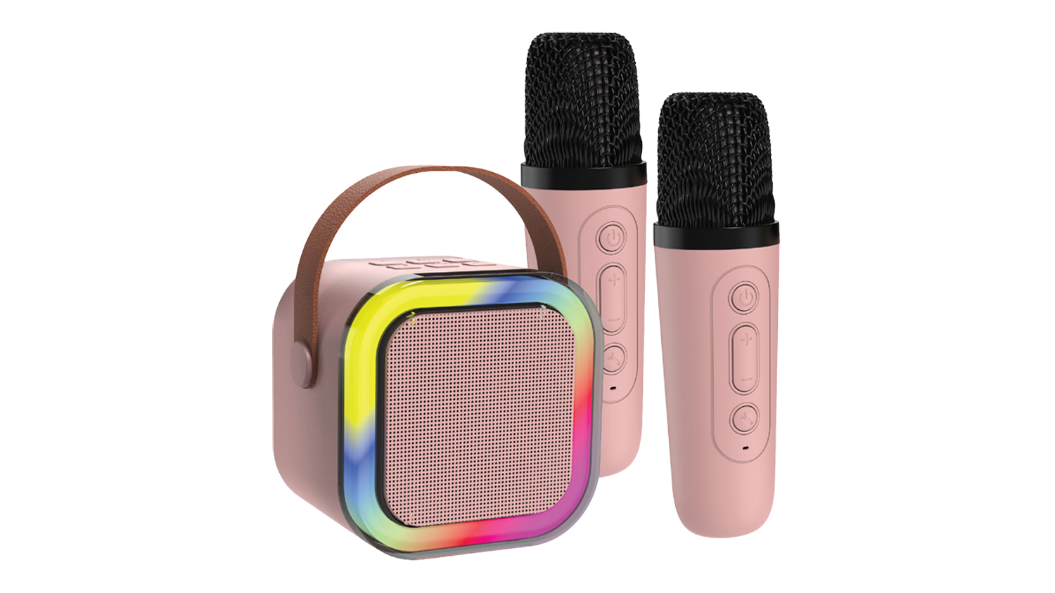 Angled view of the compact karaoke speaker with a handle and two light pink microphones