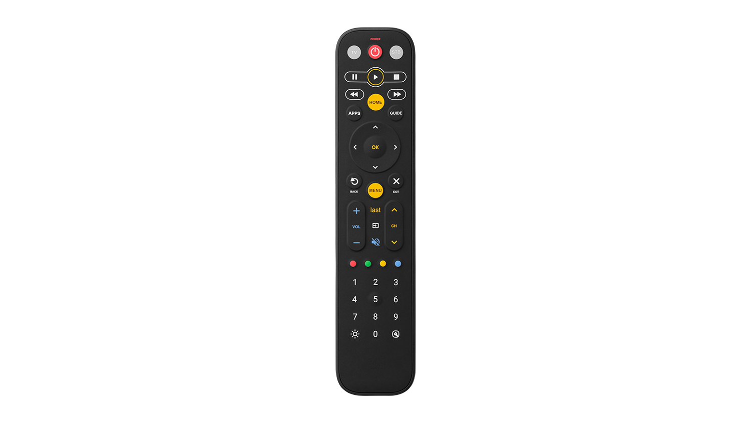 Front view of the backlit black universal remote, showing all buttons clearly