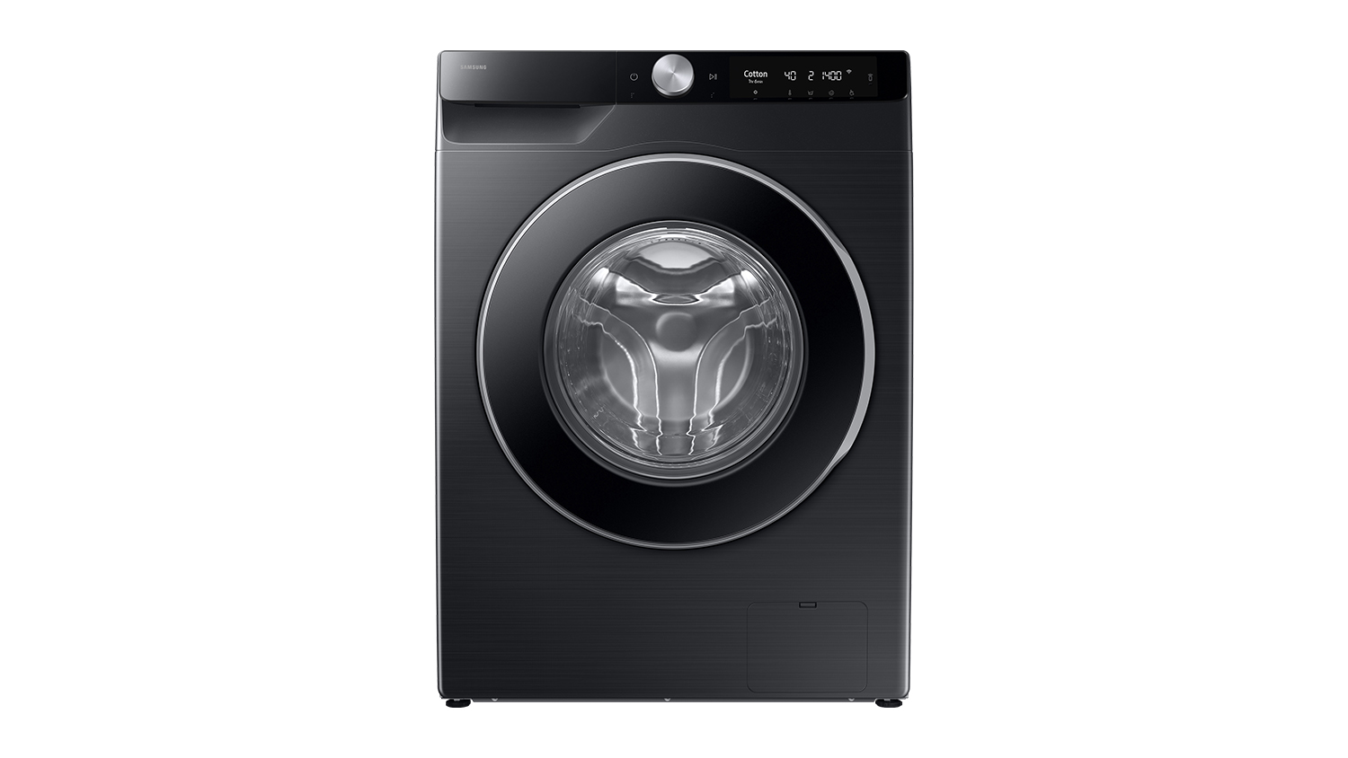 Straight front view of the modern closed washing machine with a dark finish