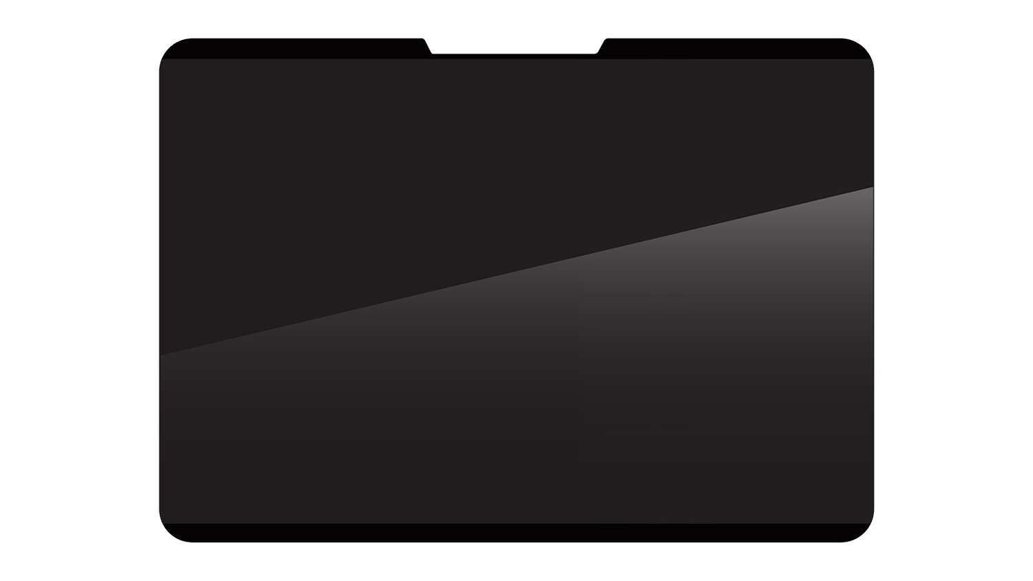 A black, rectangular privacy filter for a laptop screen