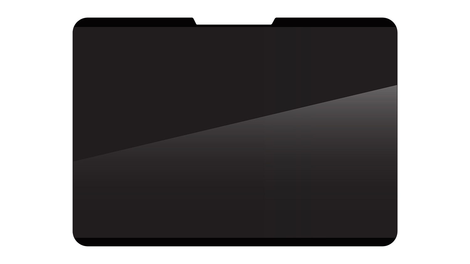 A black, rectangular privacy filter for a laptop screen