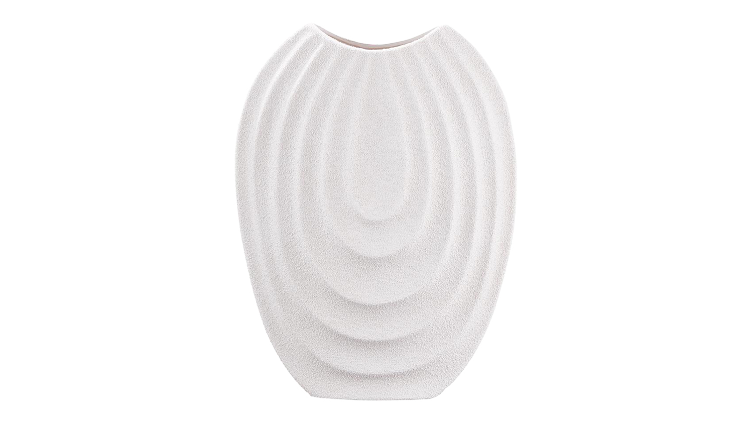 Oval white ceramic vase featuring a matte finish and concentric raised wave textures