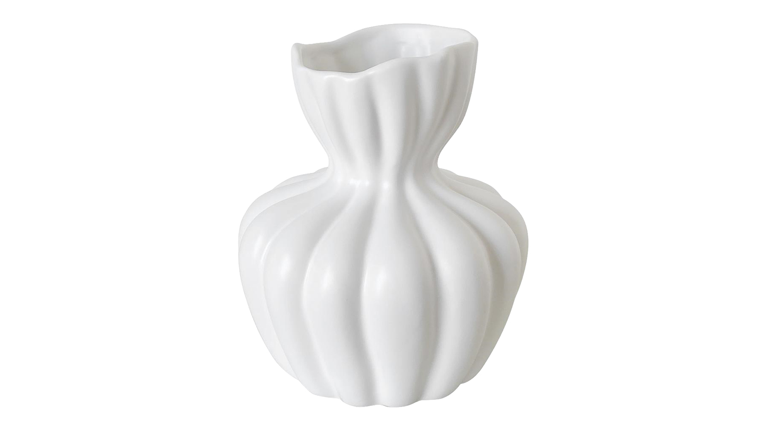 White ceramic vase with a textured, pleated body and a narrow, gathered neck