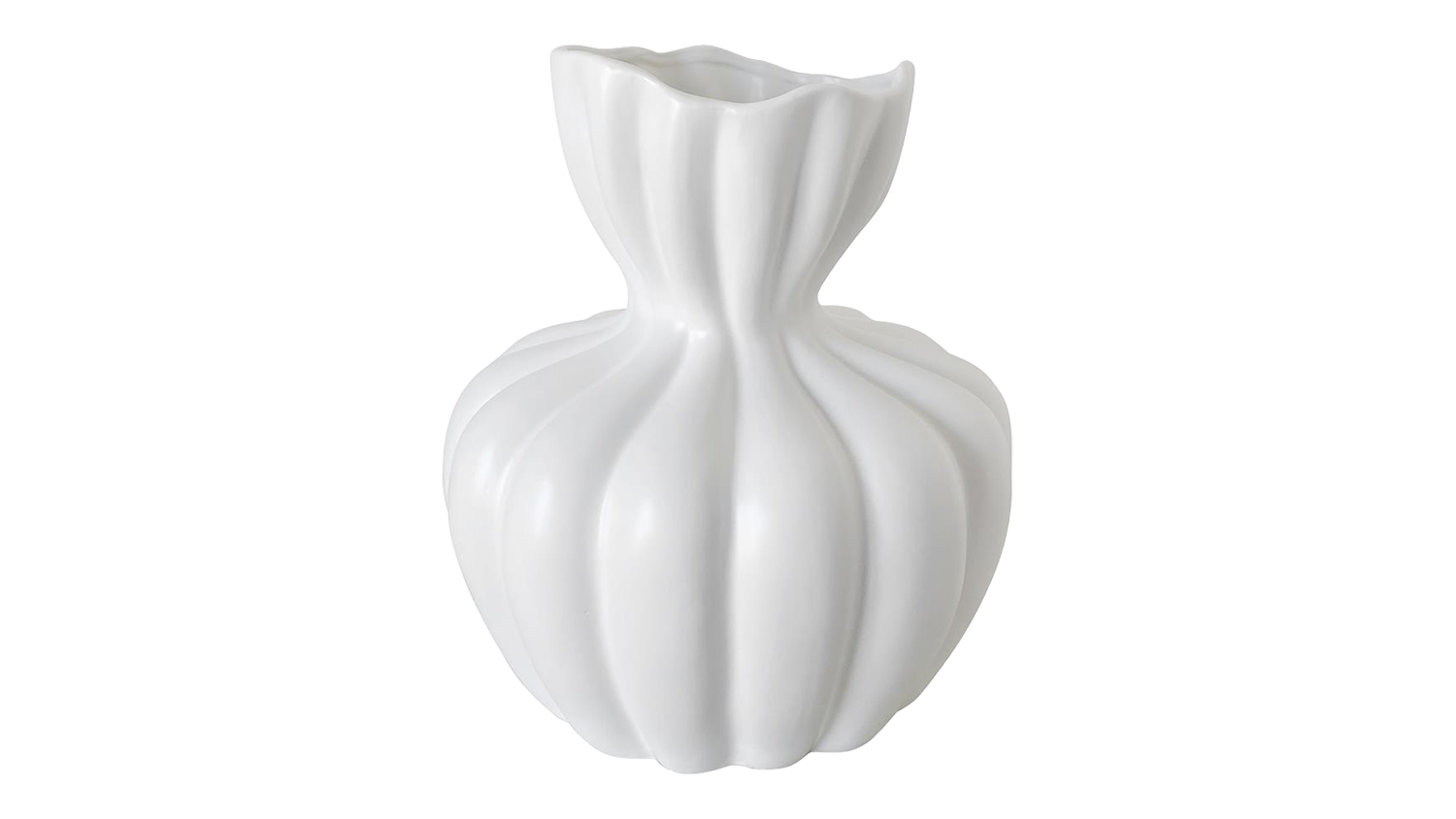 White ceramic vase with a textured, pleated body and a narrow, gathered neck
