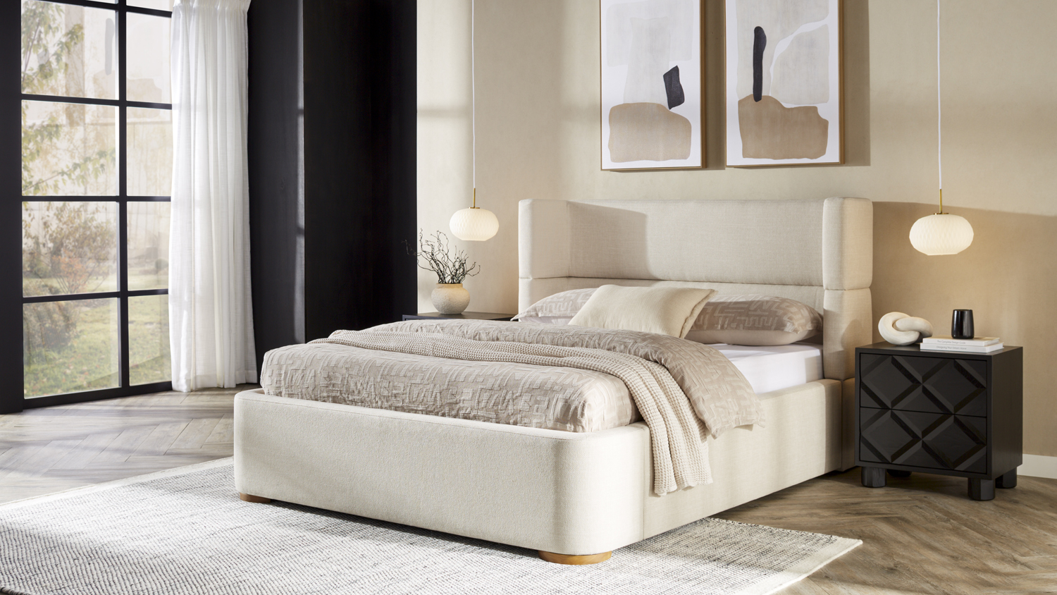 Elegant upholstered bed frame in sand fabric with a high, winged headboard