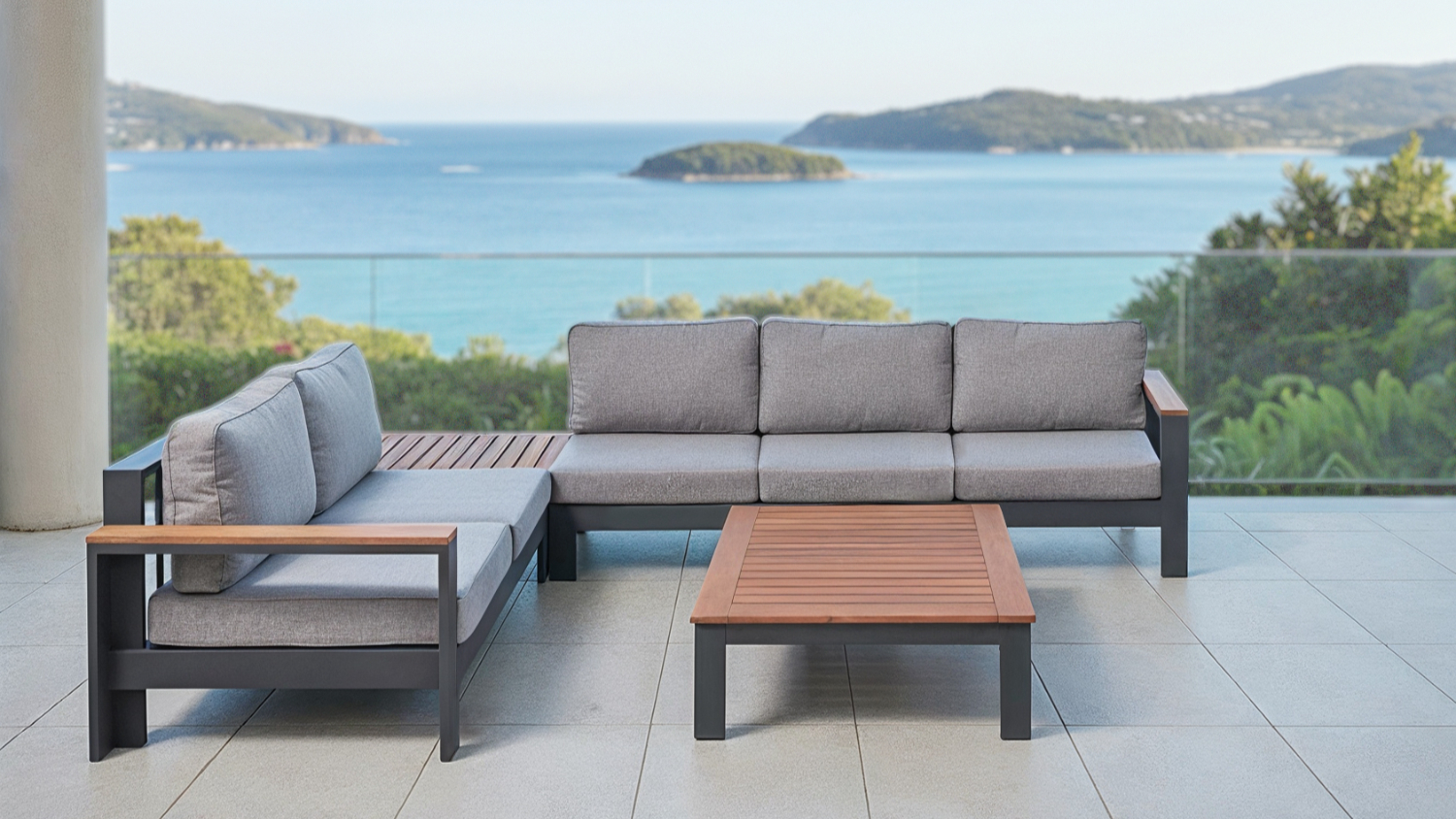 A modern corner lounge suite with a dark frame, gray cushions, and wood accents.
