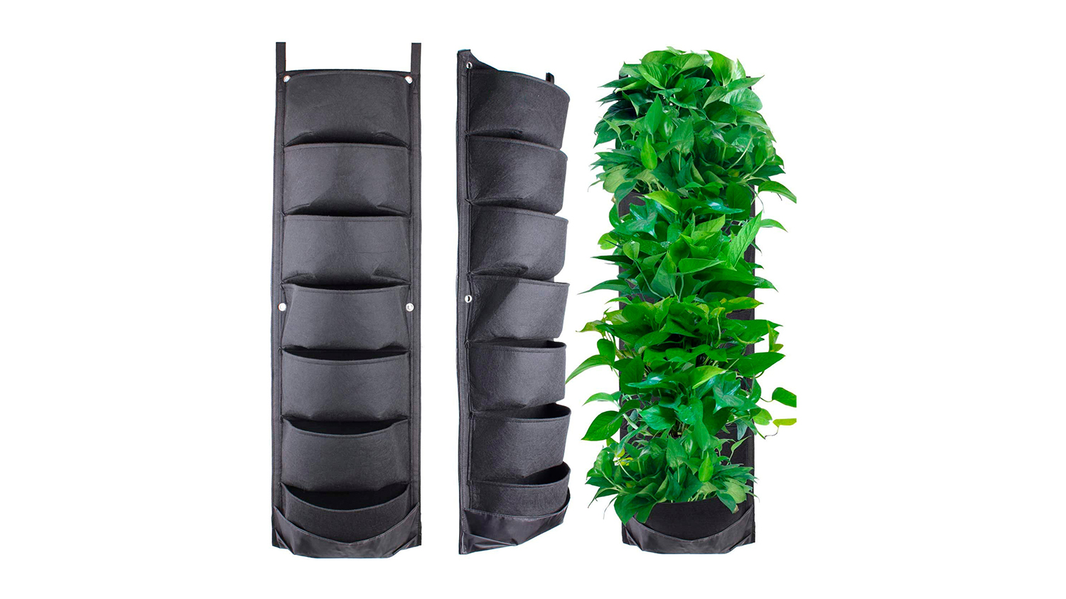 Three vertical wall planters, two empty and one filled with greenery