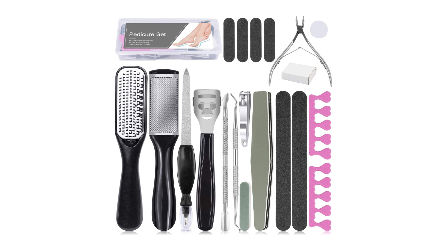 19-piece pedicure kit with foot files, nail clippers, cuticle tools, toe separators, and storage box