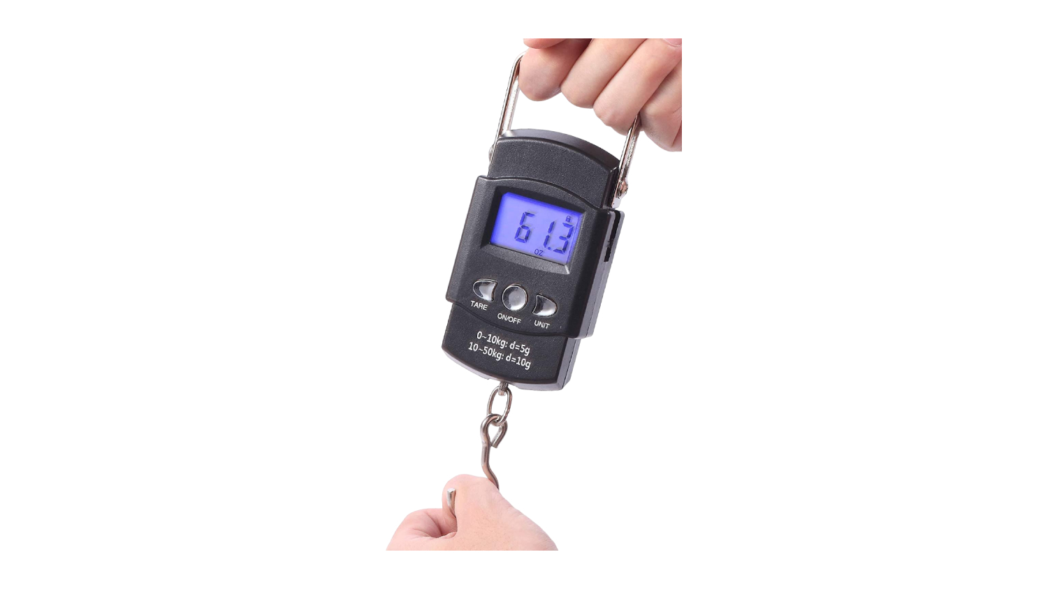 Handheld digital luggage scale with blue backlit LCD and stainless steel hook for weighing items