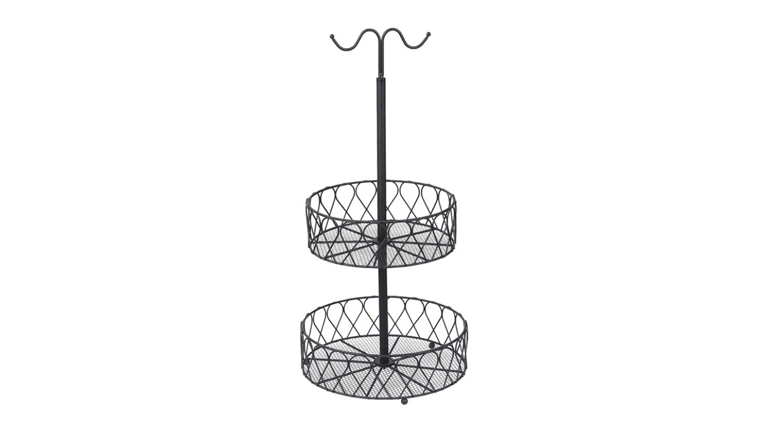 Kmall 2-tier metal fruit basket with mesh bottoms and a curved banana hanger
