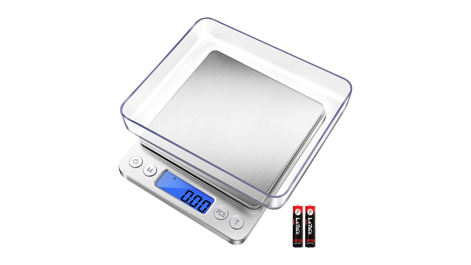 Compact digital scale with stainless steel platform, clear tray, LED display, and two AAA batteries
