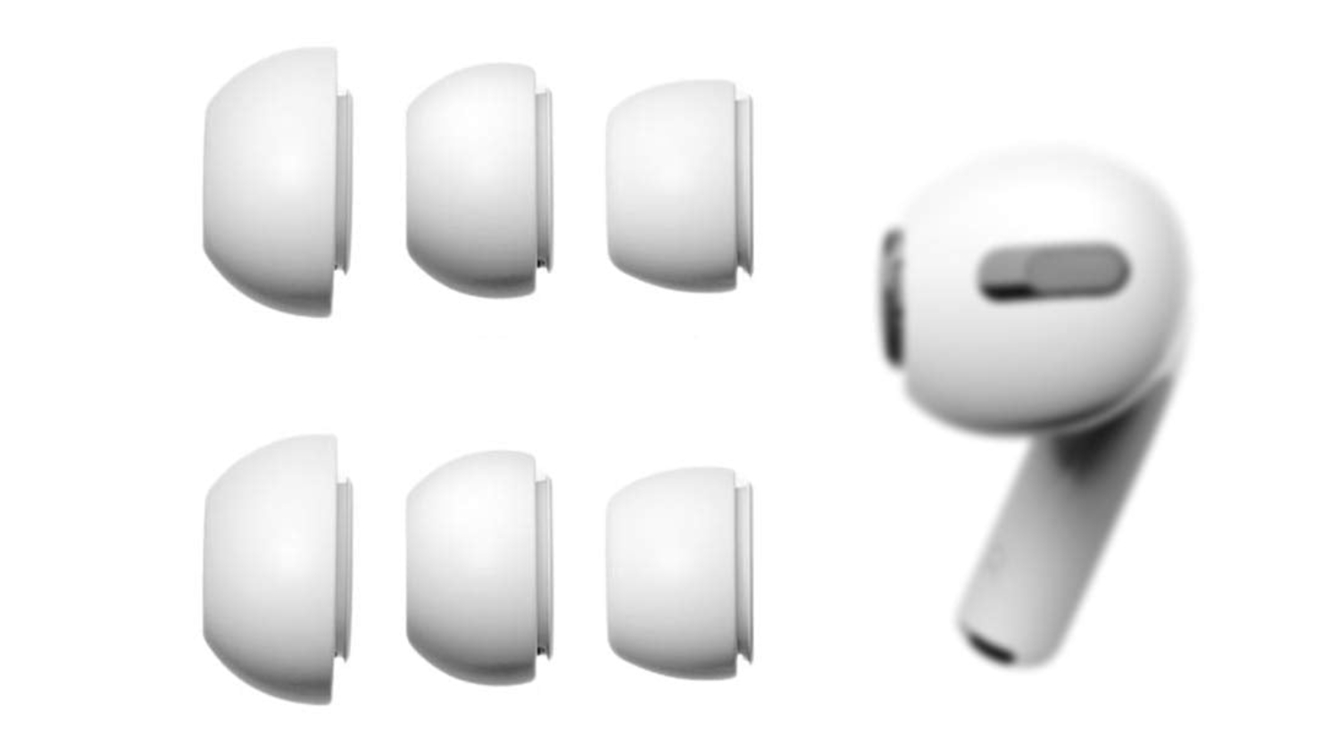 Six white AirPods Pro replacement ear tips in different sizes next to an AirPod earbud