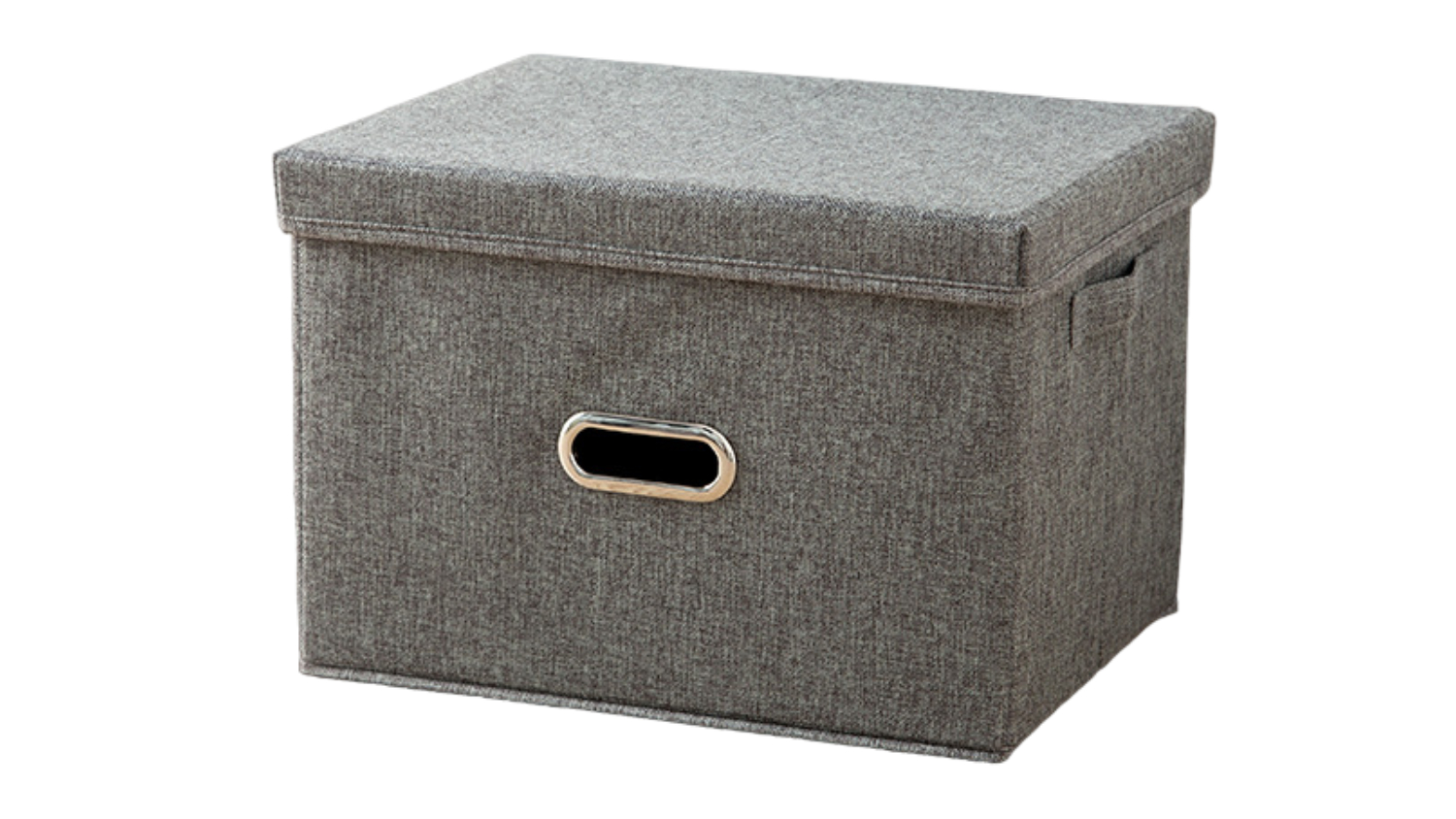 Collapsible linen storage box with lid and metal-trimmed handle on the front