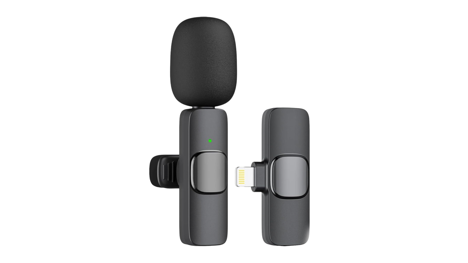 A side-by-side view of the wireless lavalier microphone and its transmitter