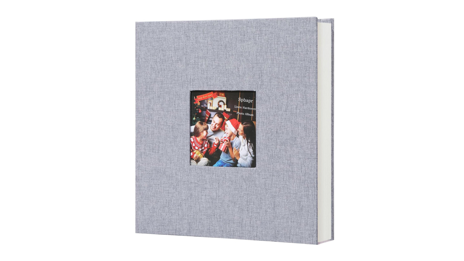 A left-angled view of the scrapbook photo album with a window pocket