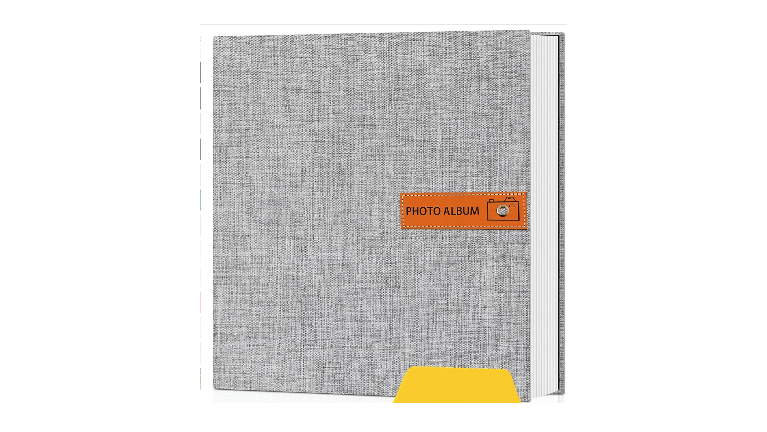 A left-angled view of a grey scrapbook photo album