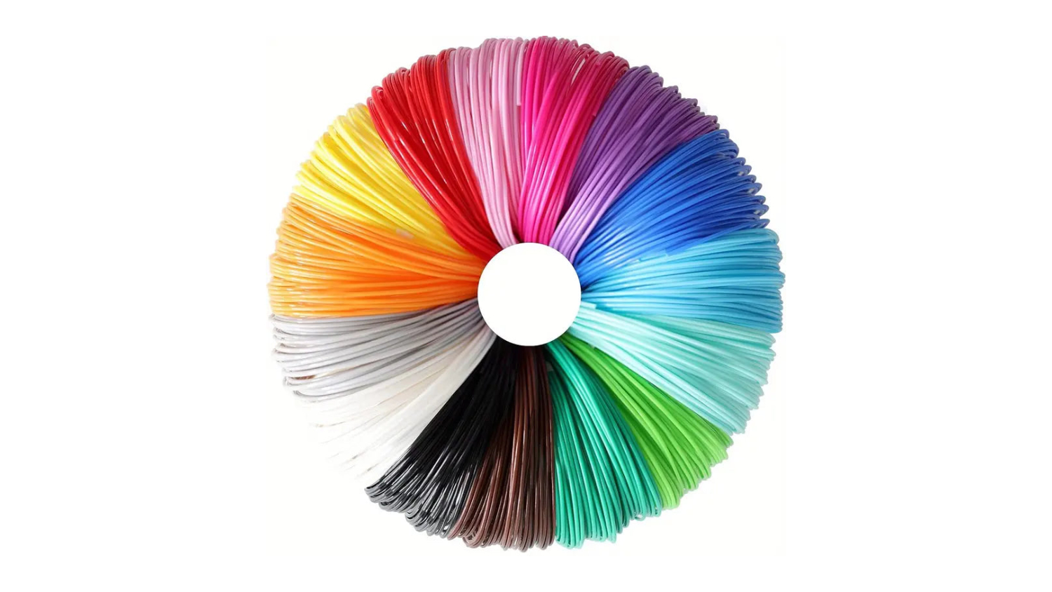 Circular arrangement of colourful 3D printing filaments in various shades