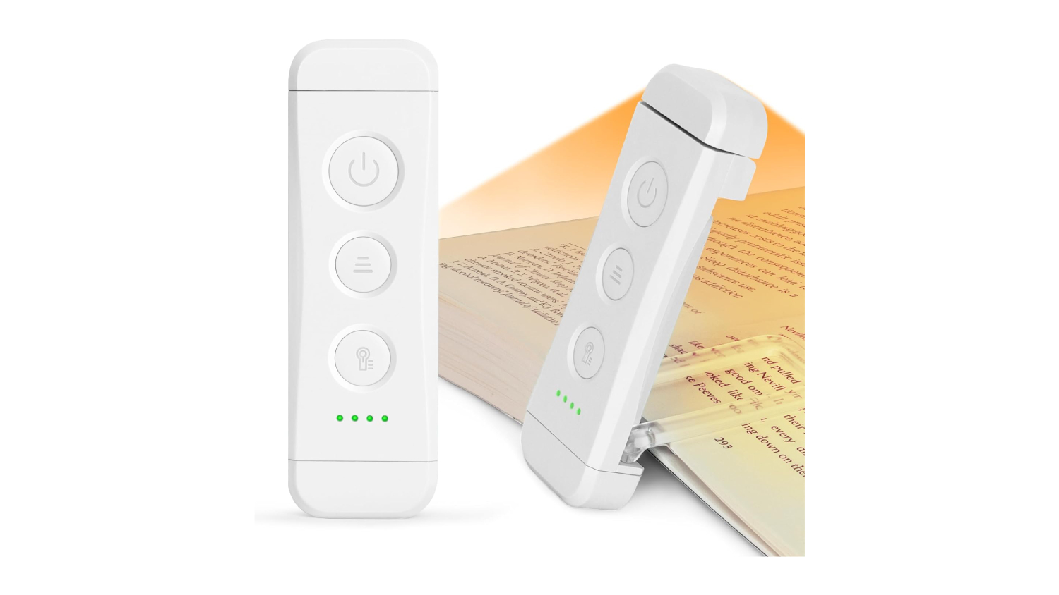 White clip-on LED reading light with three buttons and green indicators, attached to an open book